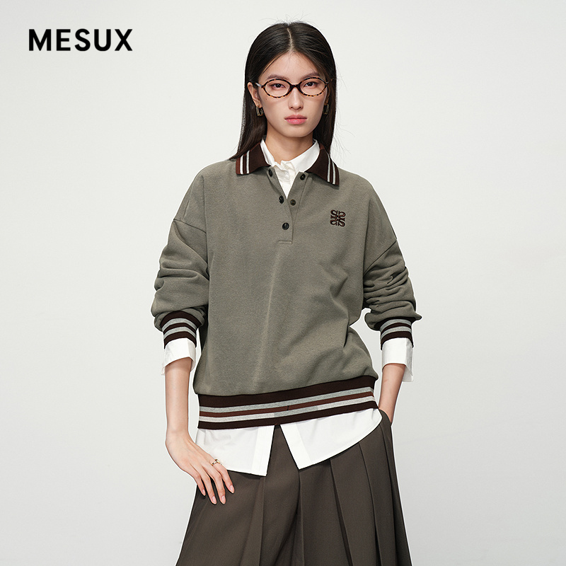 MESUX米岫25新品学院风字母刺绣套头空气棉感卫衣外套MNSUZ308