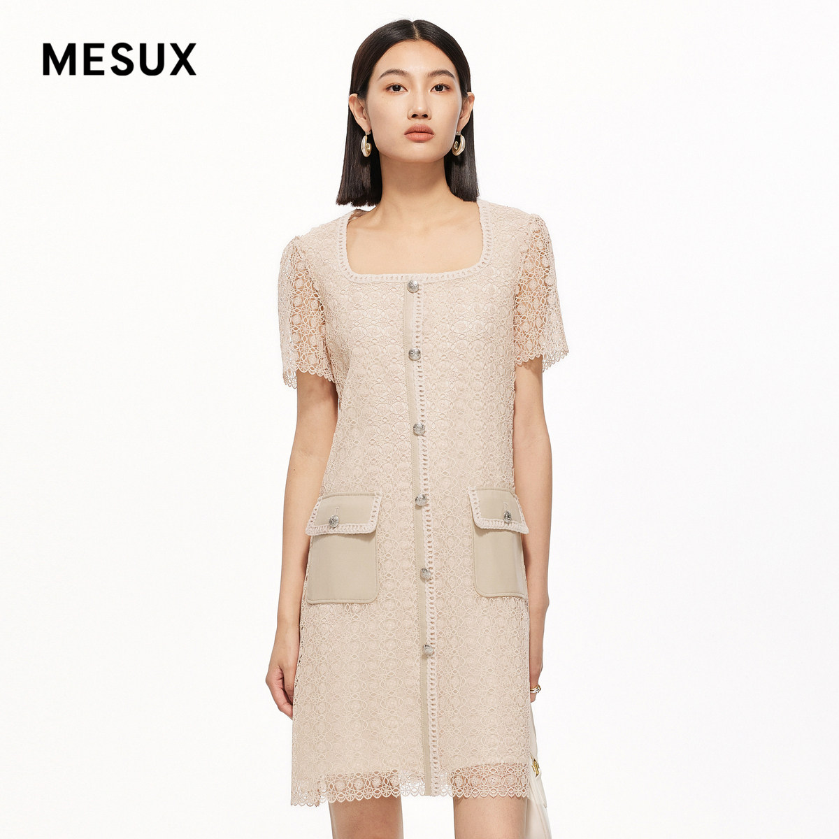 MESUX米岫新款女装复古优雅刺绣杏色连衣裙MMSUO403