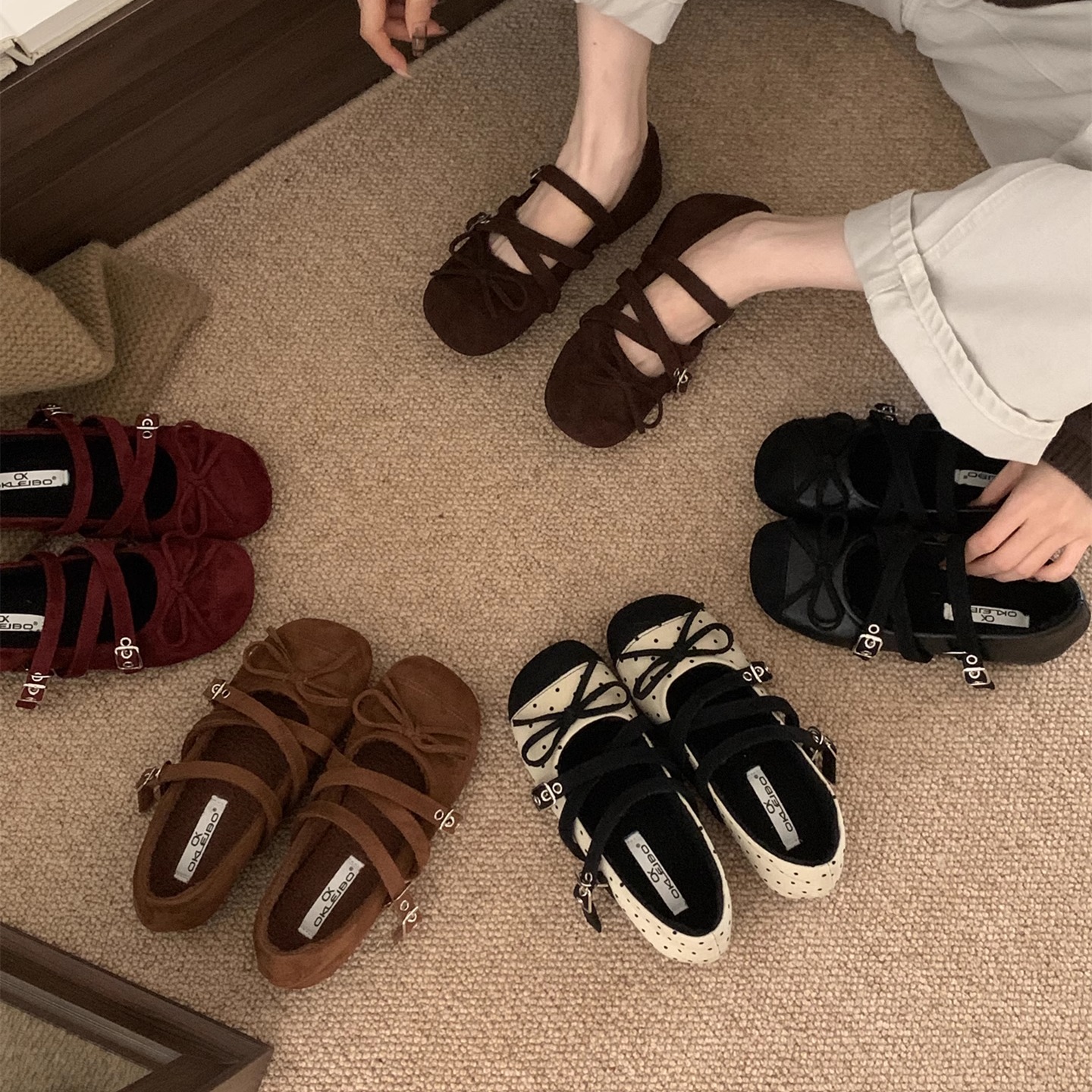 芭蕾风交叉带玛丽珍鞋女平底加绒