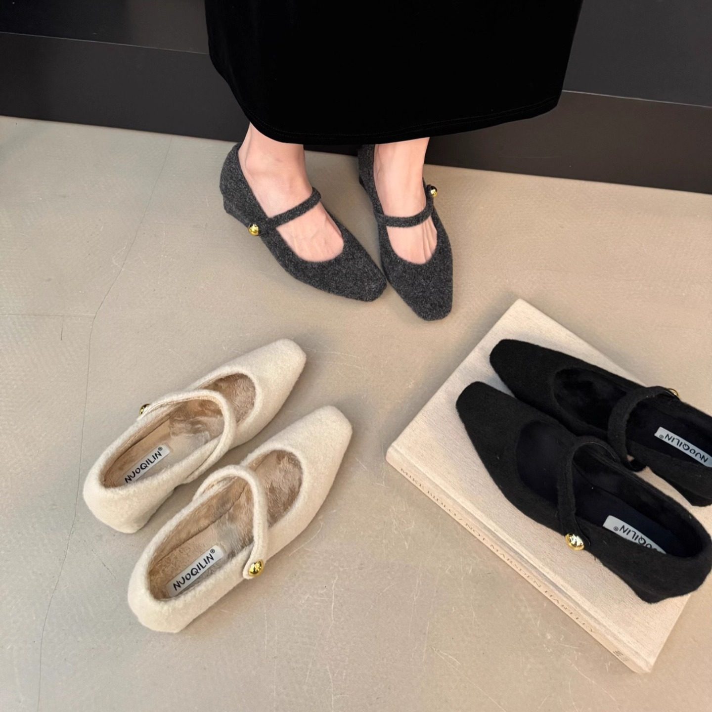 毛毛鞋女加绒2025年新款毛呢舒适时尚一字带玛丽珍方头高跟粗跟,女鞋,玛丽珍鞋,淘宝优惠券,粉丝福利购,淘宝优惠卷