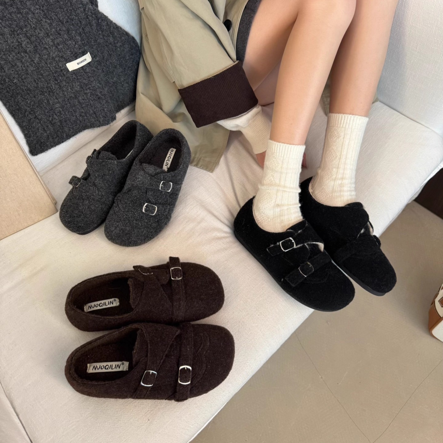 日系双皮带扣勃肯鞋女圆头内增高