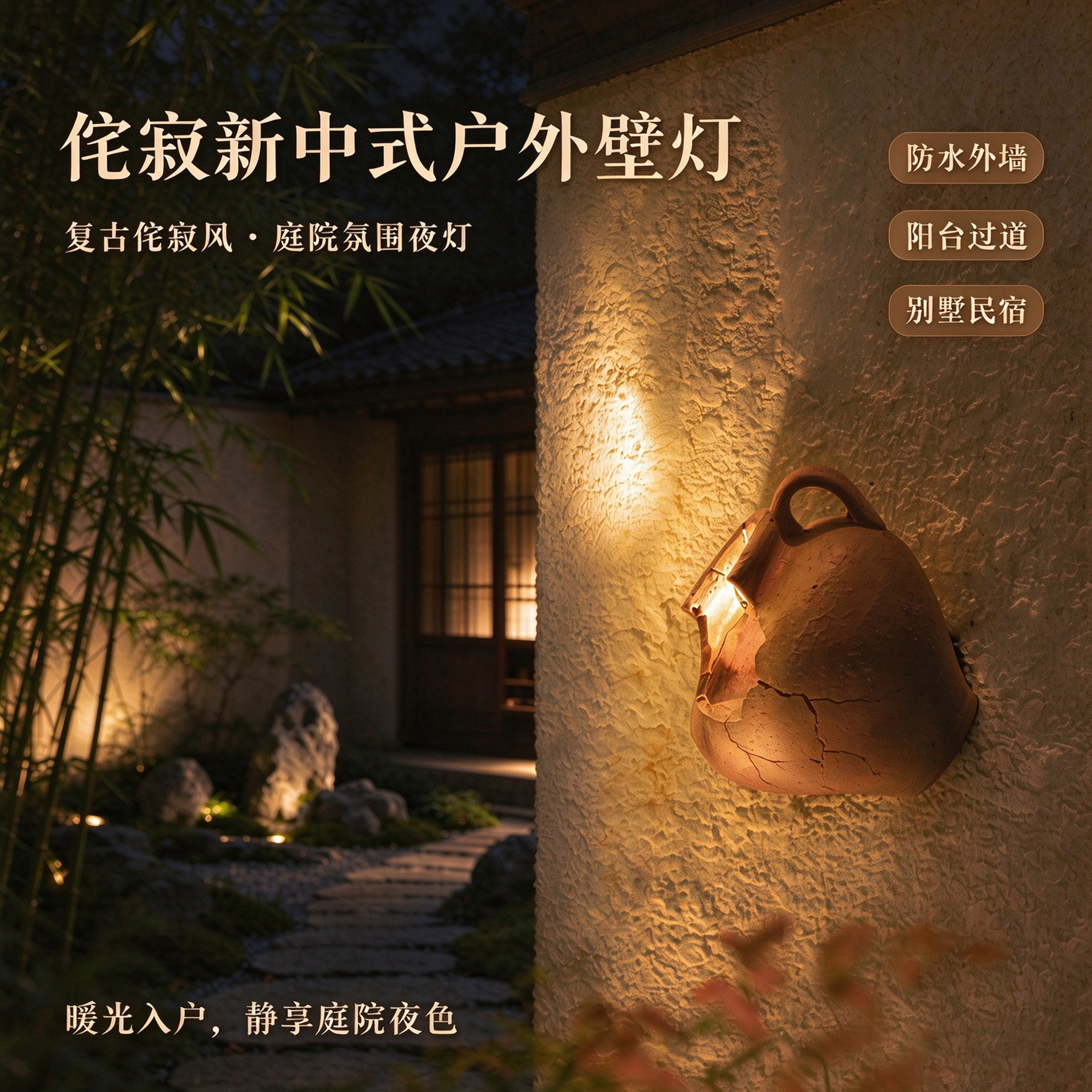 侘寂风新中式户外防水壁灯