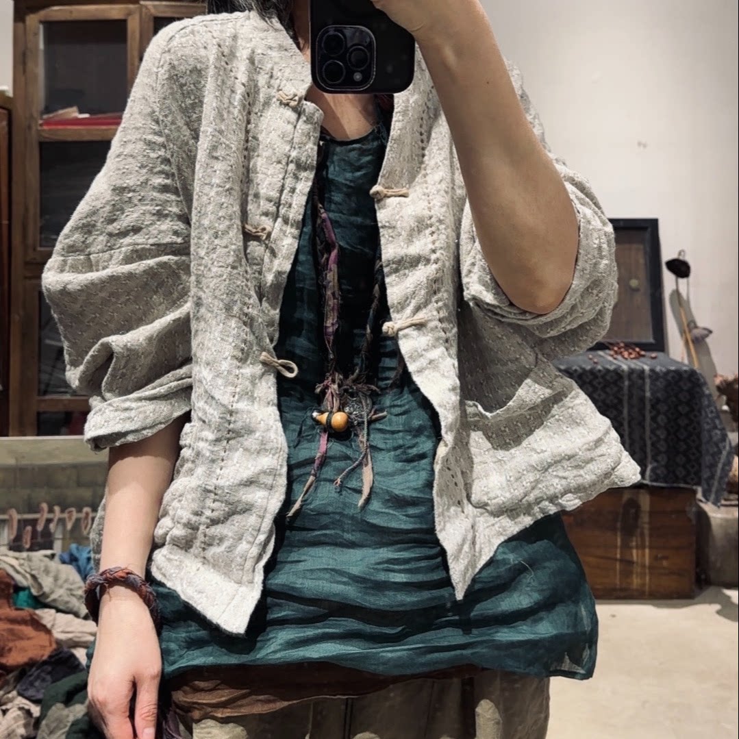 提花亚麻手工盘扣复古开衫外套