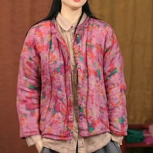 半城原创数码印花苎麻夹棉小袄宽松开衫文艺立领棉衣轻柔薄棉服