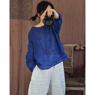 原创新支精细轻薄苎麻春夏款小衫 文艺圆领手缝线套头女式T恤衬衫