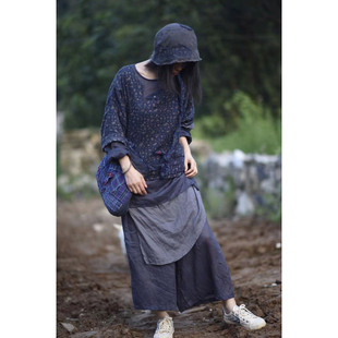 常规碎花文艺复古双层棉麻印花宽松圆领半开套头短衫 新款 2022秋季