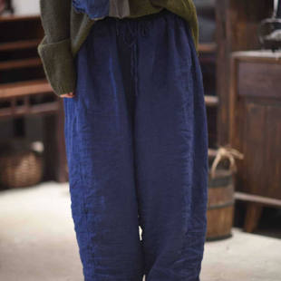 素年未央原创设计SN251加厚宽松文艺松紧腰拼接亚麻夹棉休闲棉裤