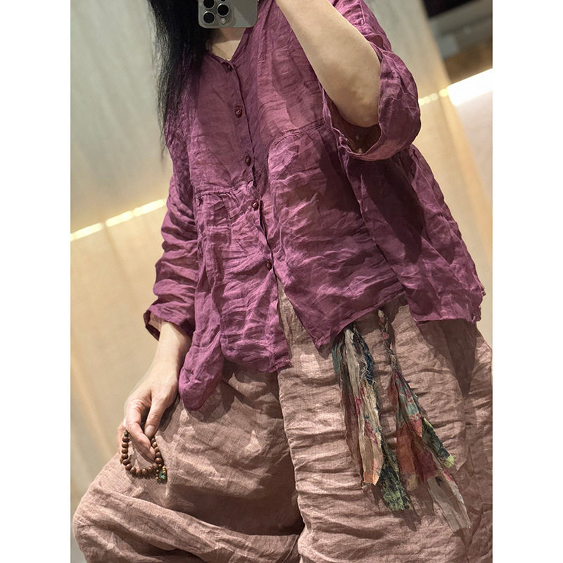 青衣轻薄数码印花苎麻女装衬衫宽松短裤娃娃衫文艺森系夏季空调衫