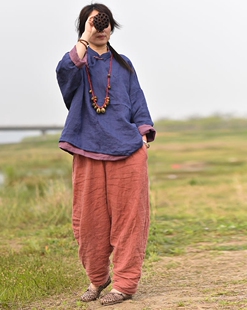 原创砂洗苎麻立领上衣复古文艺手工缝线盘扣中式 斜襟宽松女衬衫