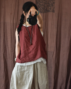 外穿手工缝线背心薄款 款 坎肩 外搭马甲四季 原创自制皱布苎麻无袖