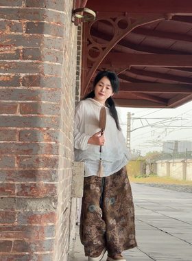 松紧腰苎麻八分裤女宽松阔腿裤
