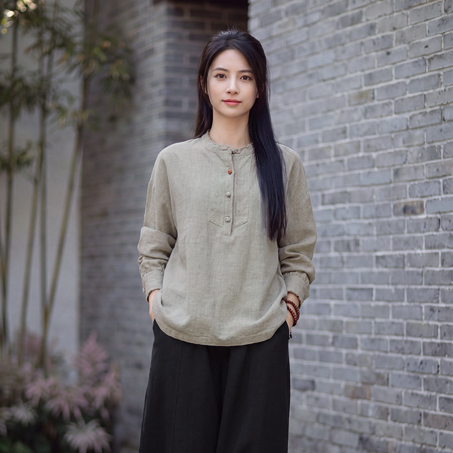 磨毛盘扣长袖衬衫禅意女套头t恤
