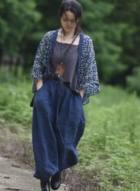 素年未央抽绳亚麻阔腿宽松九分裤
