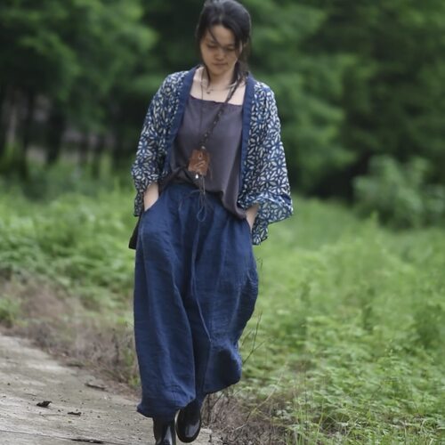 抽绳款亚麻阔腿休闲宽松九分裤