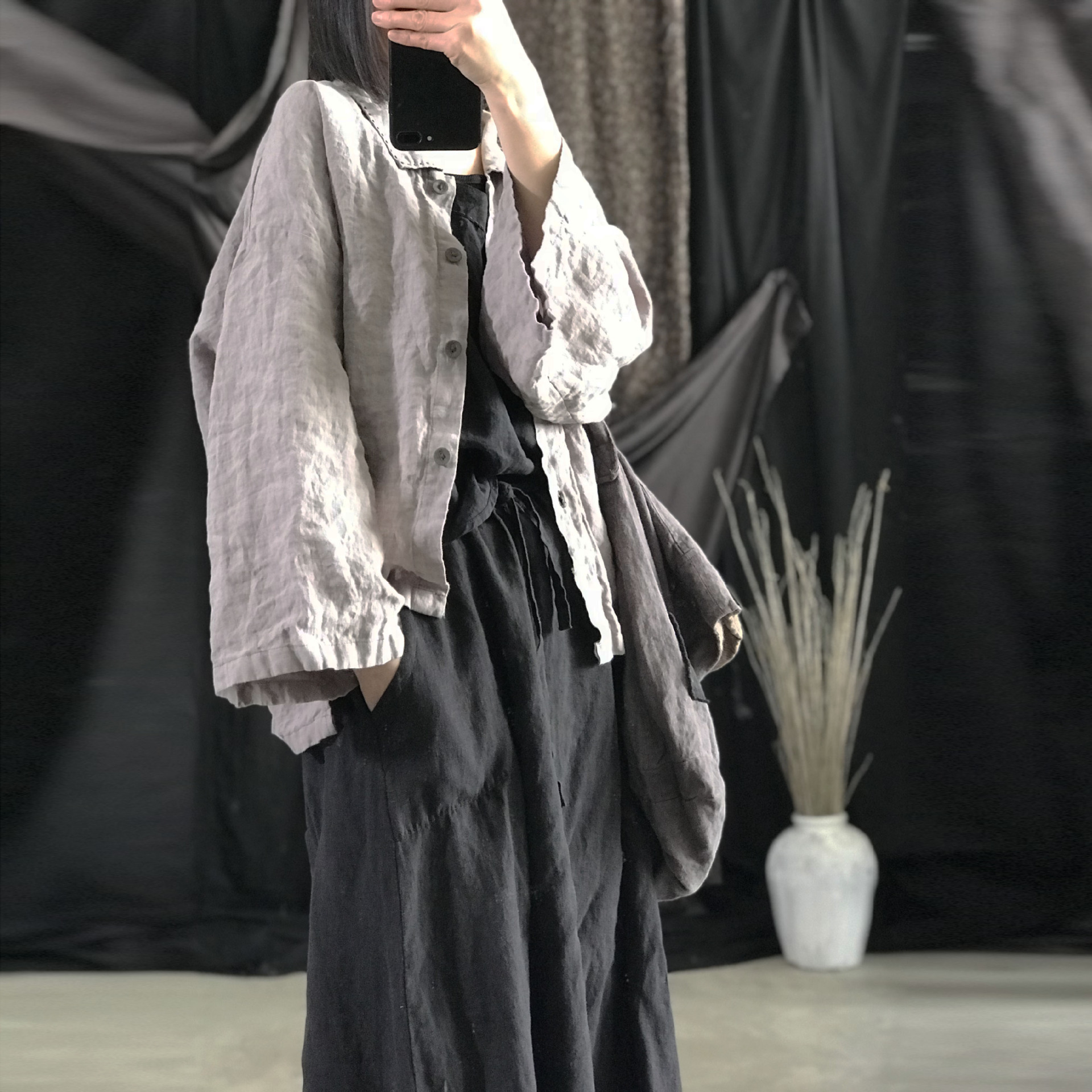 2023新款亞麻 輕淺 春秋簡約娃娃領(lǐng)手縫線跡開衫短款外套小衫長袖