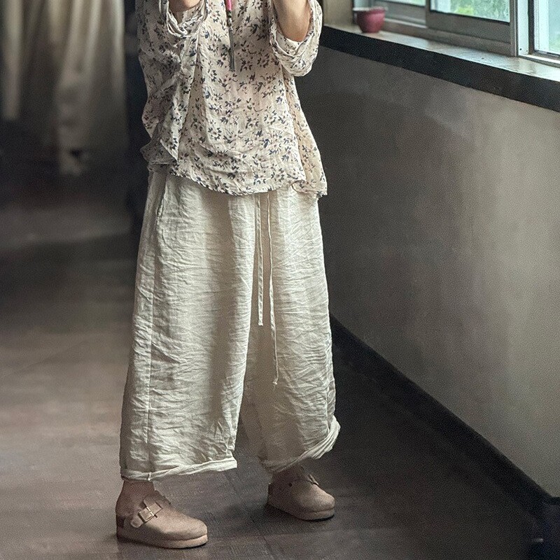 半城原创设计新款加厚砂洗文艺复古纯色宽松苎麻宽松休闲女阔腿裤