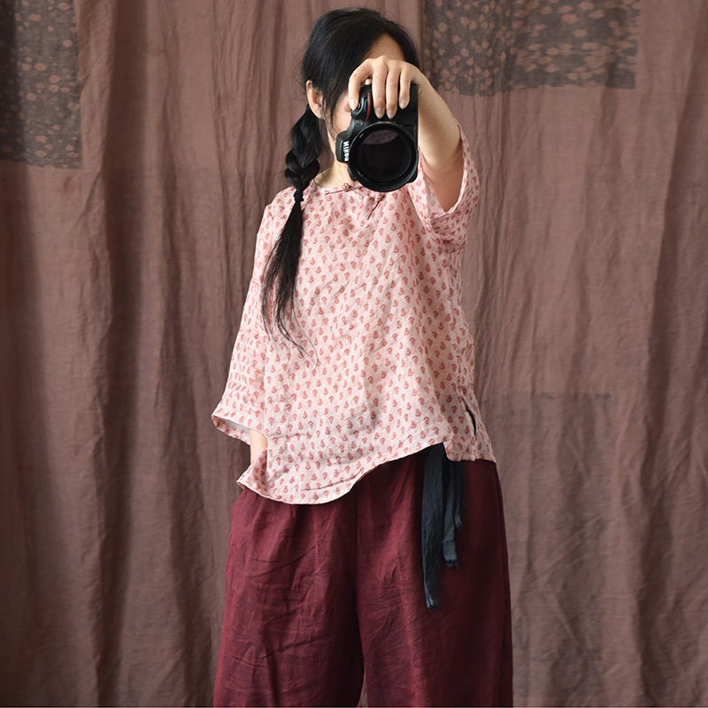 青衣原创女苎麻印花女式衬衫国风复古斜襟手缝盘扣文艺小衫麻上衣