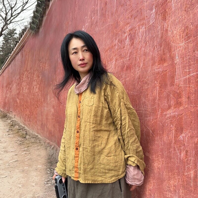 砂洗亚麻撞色开衫短外套女麻衫