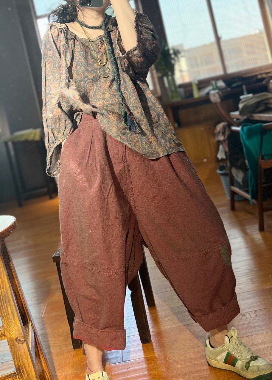 忆古朴拙原创新款文艺复古工艺皱麻料刺绣喜字萝卜裤工装裤老爹裤