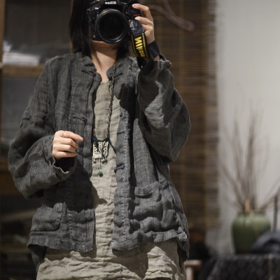 亚麻粗麻复古盘扣立领开衫外套