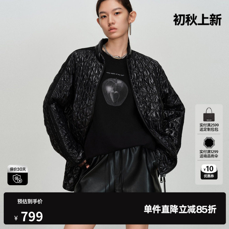 U/TI亮面菱格黑色棉服女宽松落肩光泽肌理感外套尤缇2026春季新款