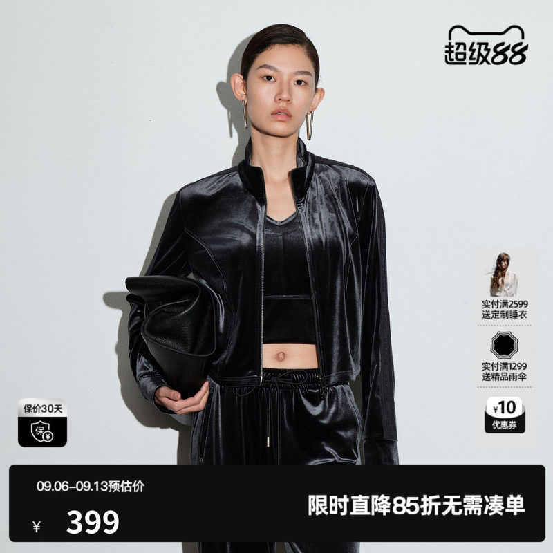 U/TI丝绒立领短外套女正肩拉链圆领直筒长袖上衣尤缇2026春季新款
