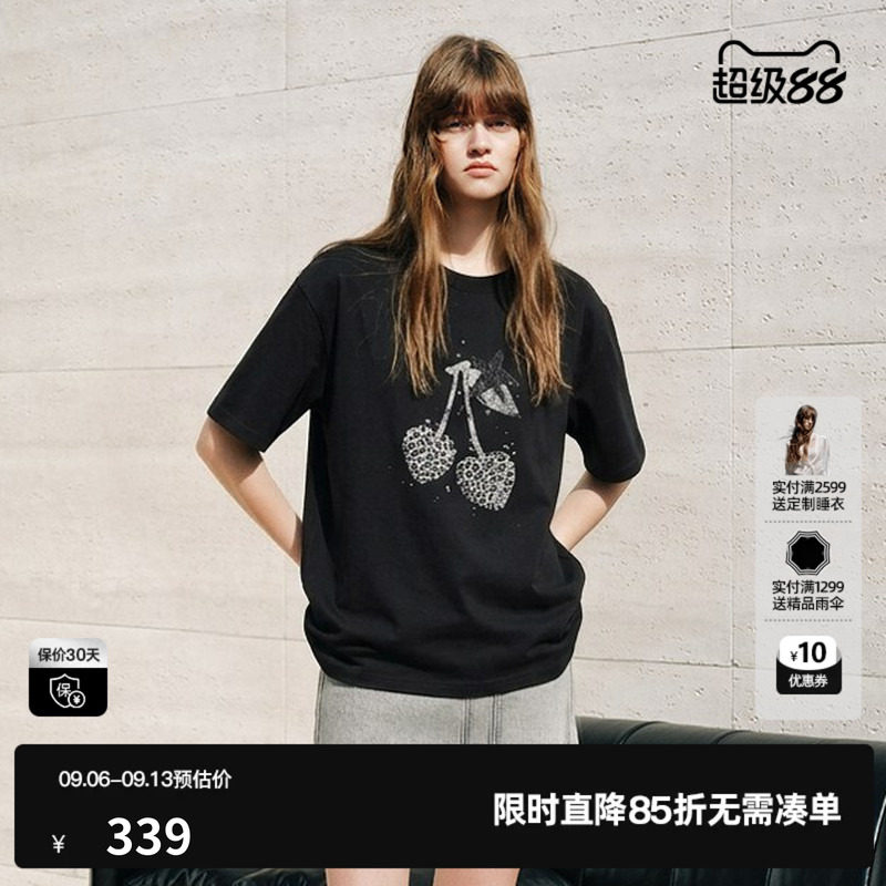 U/TI 黑色100%棉豹纹樱桃短袖T恤女宽松落肩休闲尤缇2026秋季新款