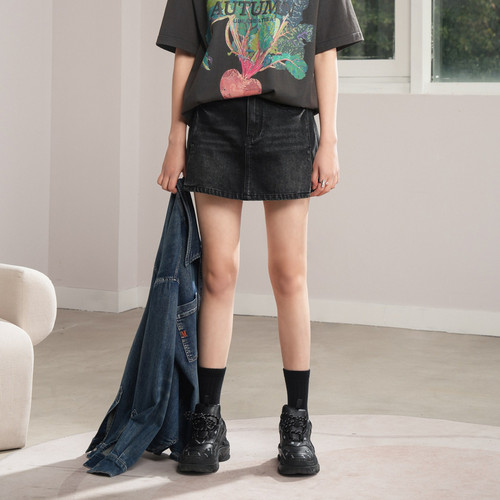 U/TI黑色水洗牛仔裙裤女设计感辣妹风做旧休闲裤尤缇时尚秋季新款