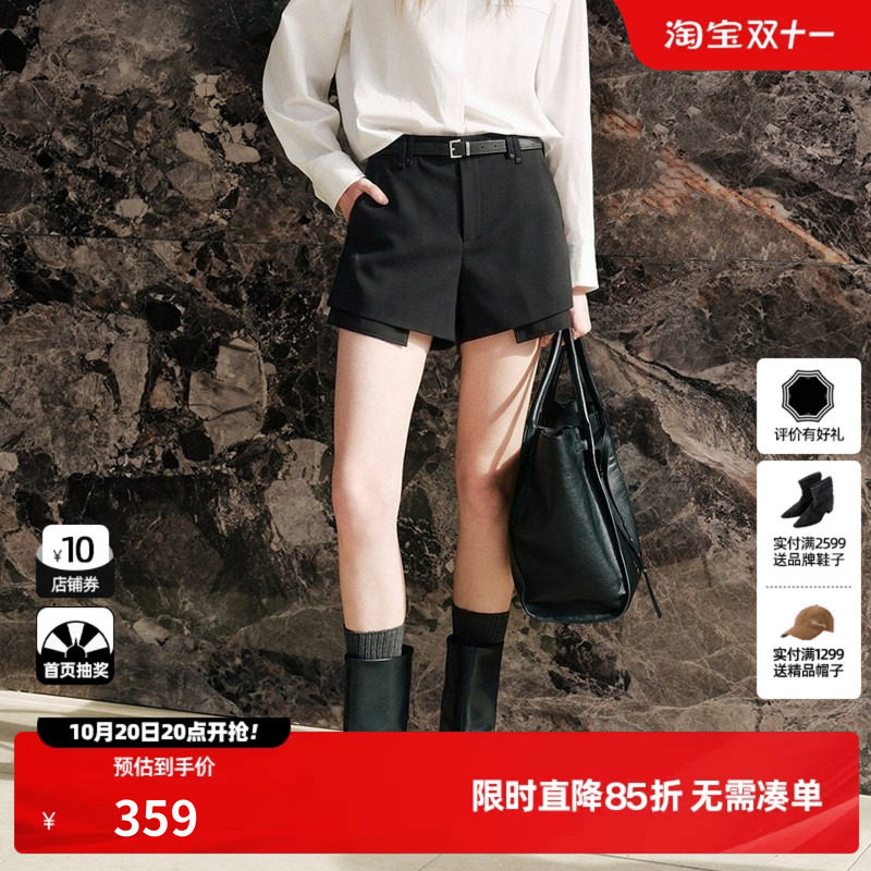U/TI 黑色配腰带A字休闲裤女拼接假两件西装短裤尤缇2026秋季新款
