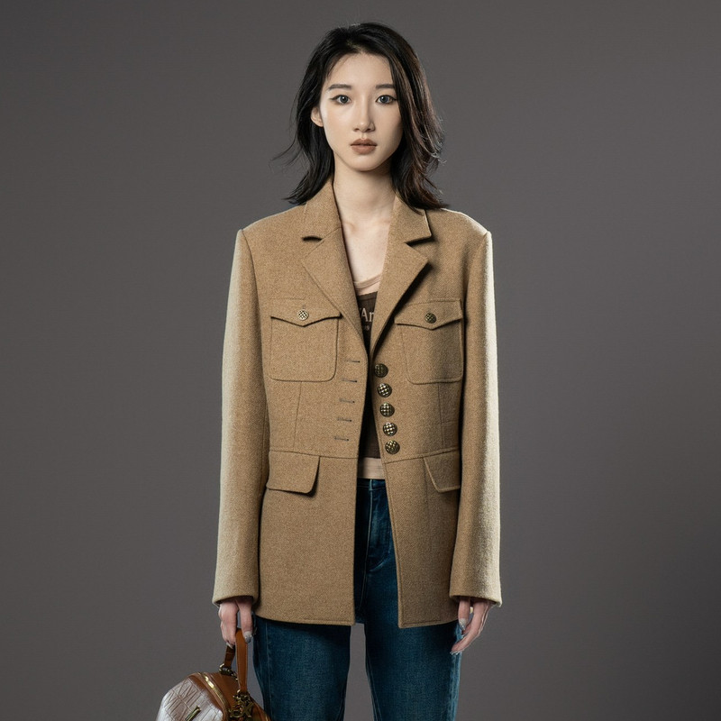 U/TI卡其色双面呢西装大衣女装设计感绵外套尤缇时尚冬季羊毛混纺