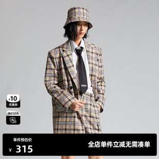 春季 TI卡其色格紋西裝 女雙排扣外套復古英倫風休閑上衣時尚 新款