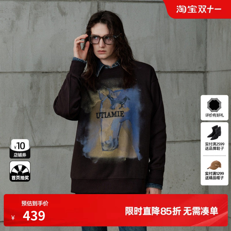 U/TI 黑色棉感印花圆领长袖卫衣女直筒宽松休闲T尤缇2026冬季新款