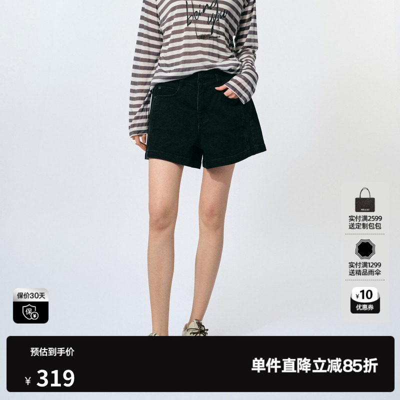 U/TI满印棉质牛仔短裤女复古磨白做旧高腰休闲裤尤缇2025夏季新款
