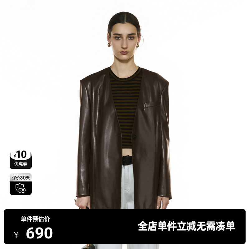 U/TI蛋白皮无领西装女装高街通勤风显瘦休闲外套尤缇2025秋季新款