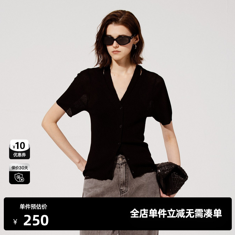U/TI黑色假两件拼接开衫女装 V领亚麻针织衫短袖尤缇2025夏季新款