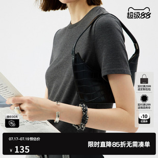 U/TI深灰色莱赛尔短袖T恤女圆领修身正肩薄内搭 尤缇2025夏季新款