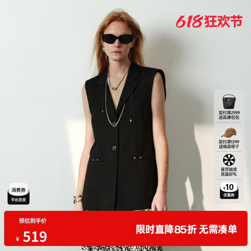 U/TI黑色百搭单排扣西装马甲女直筒外穿搭配马夹尤缇2026夏季新款