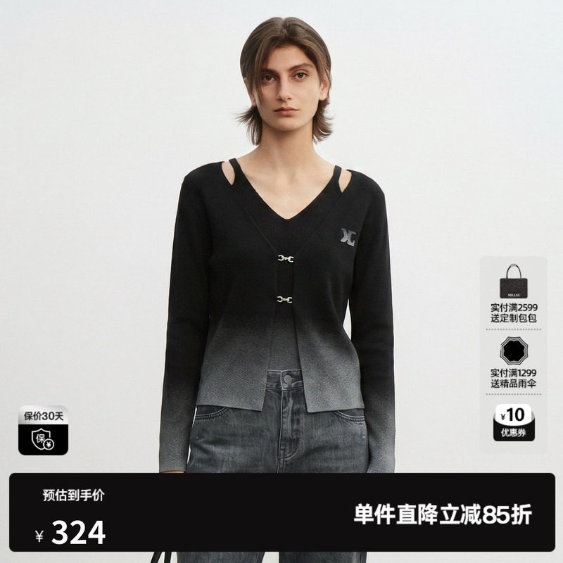 U/TI黑灰渐变假两件长袖针织女直筒休闲开衫外套尤缇2026秋季新款