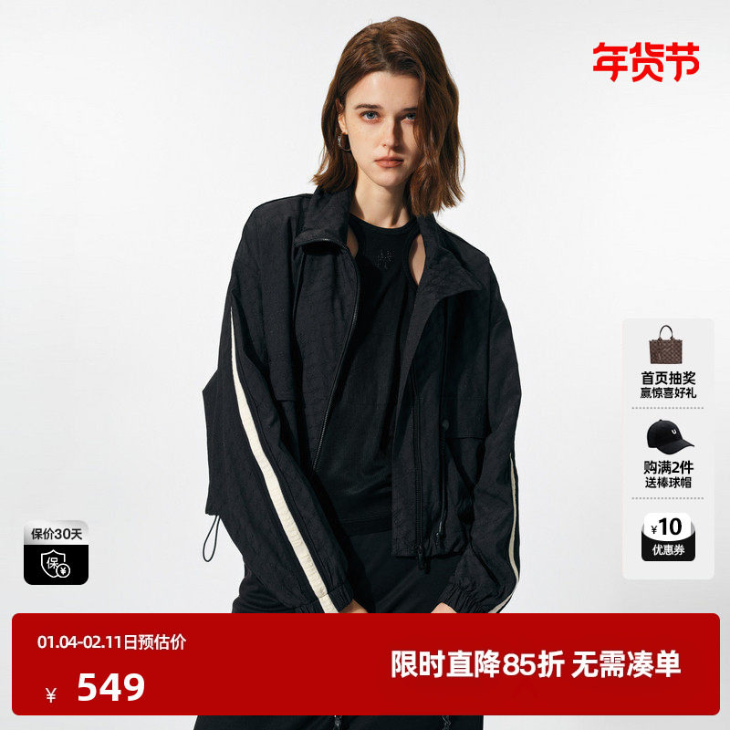U/TI黑色运动风老花短款外套女装百搭户外风上衣尤缇2025春季新款