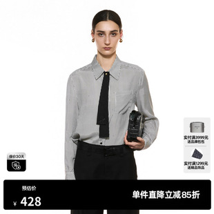 女水钻正肩配领带休闲上衣尤缇2025秋季 TI翻领条纹长袖 衬衫 新款