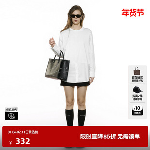 U/TI圆领白色拼接长袖T恤女 简约设计感通勤上衣尤缇2025秋季新款