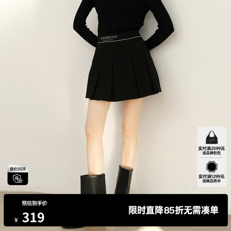 U/TI黑色绵学院风百褶裙裤女百搭运动风短裙尤缇2025春季羊毛混纺