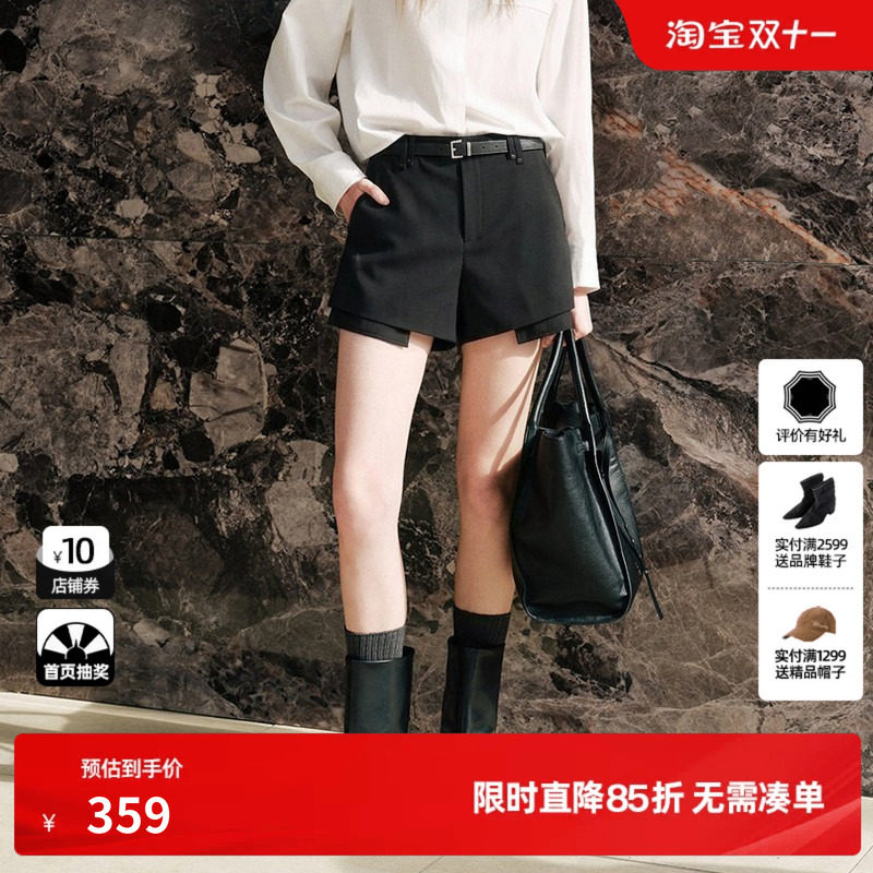 U/TI 黑色配腰带A字休闲裤女拼接假两件西装短裤尤缇2026秋季新款