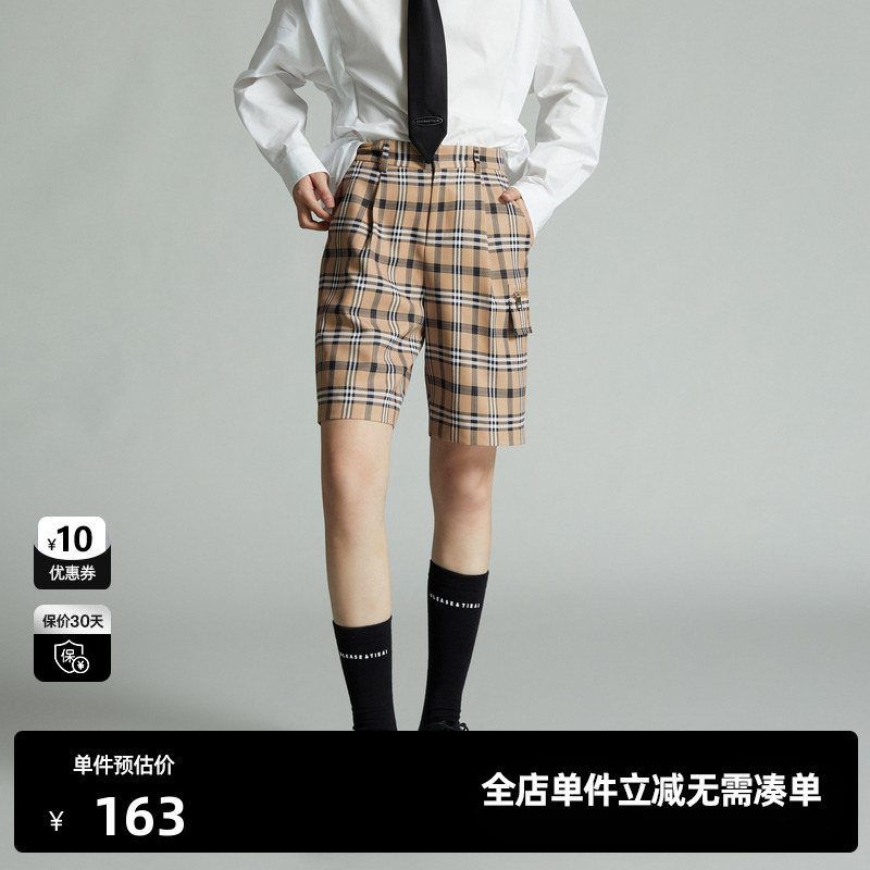 U/TI卡其色格纹西装短裤女复古英伦风拉链休闲裤尤缇时尚春季新款