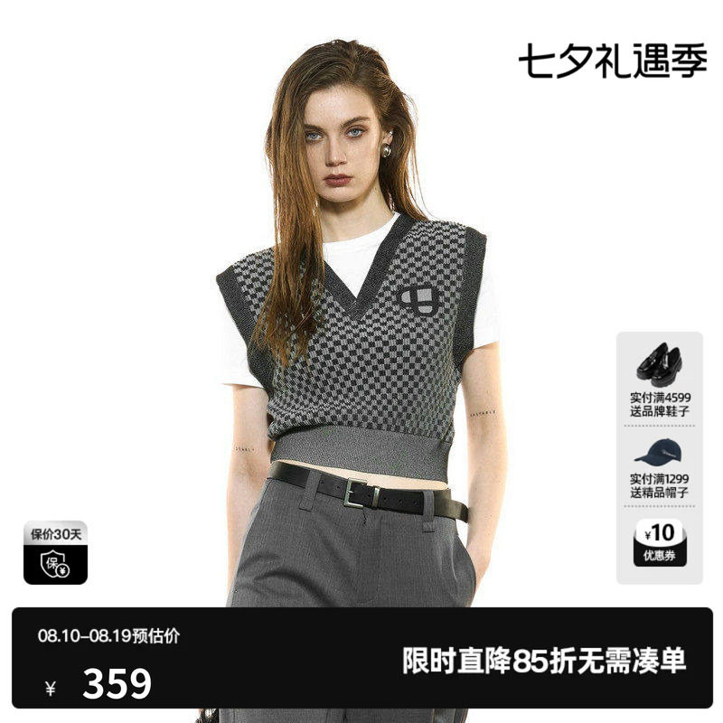 U/TI假两件V领黑白格纹针织衫女 学院风毛衫棉感尤缇2025秋季新款