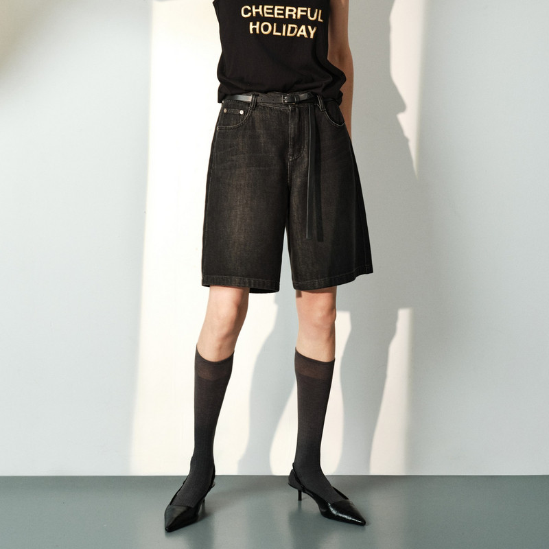 U/TI黑色棉感直筒牛仔短裤女阔腿薄款中性风中裤尤缇2026夏季新款
