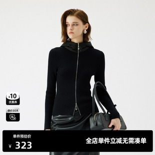 TI连帽拉链黑色针织开衫 简约修身 女装 拼接毛衣尤缇2025秋季 新款