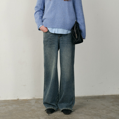 U/TI水洗磨白牛仔裤女绒感藏肉显瘦休闲裤直筒裤尤缇2025冬季新款