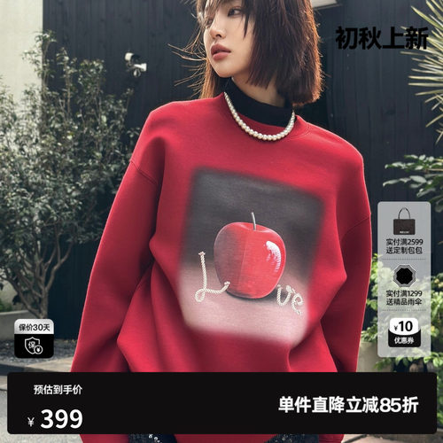 U/TI苹果落肩卫衣女正红色空气层料宽松休闲上衣尤缇2026春季新款