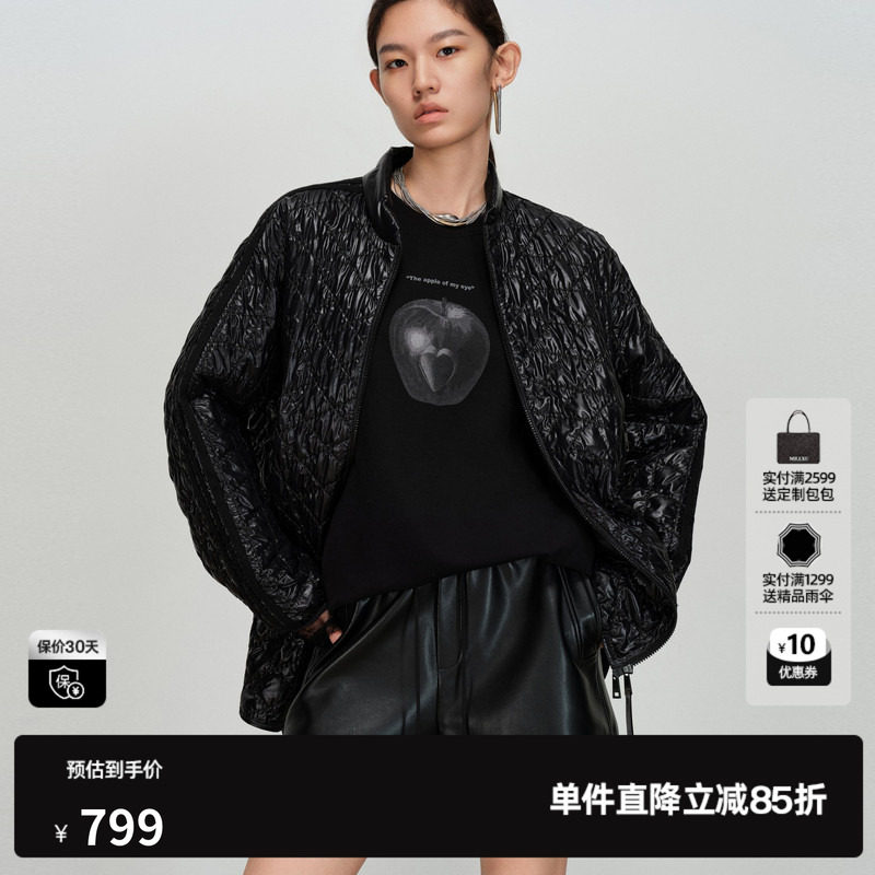 U/TI亮面菱格黑色棉服女宽松落肩光泽肌理感外套尤缇2026春季新款